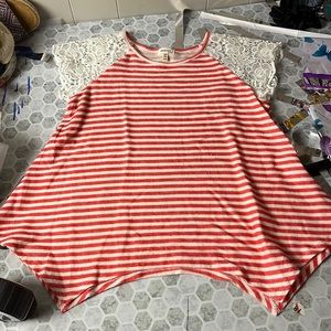 Monteau Youth XL White Floral Lace Pink Striped Blouse